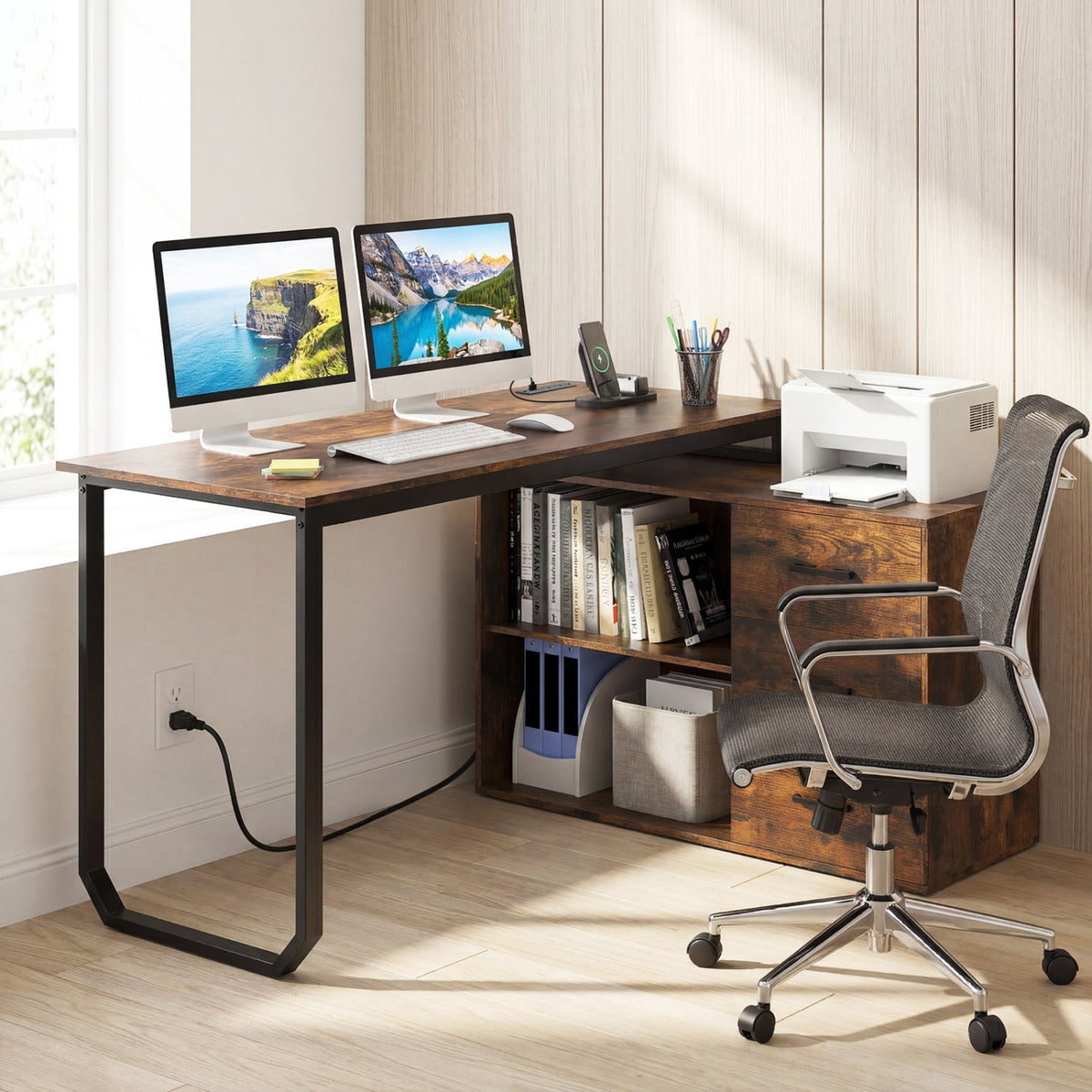 55 Inch Reversible L Shaped Desk with 3 Drawers Home Office Desk with Adjustable Shelf