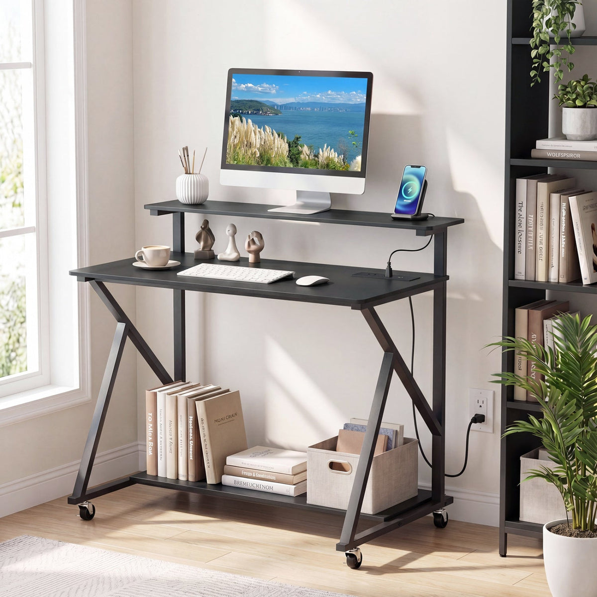 Rolling Computer Desk with Charging Station and Monitor Shelf Storage for Home Office