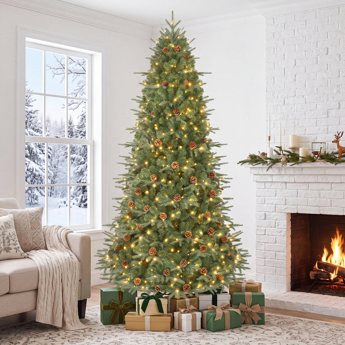 7.5 ft Artificial Christmas Tree with LED Lights and Pine Cones