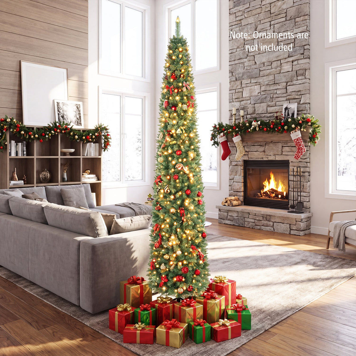 5/6/7/8/9 Feet Pre-lit Pencil Artificial Christmas Tree with 150/180/200//300/400 Warm White LED Lights