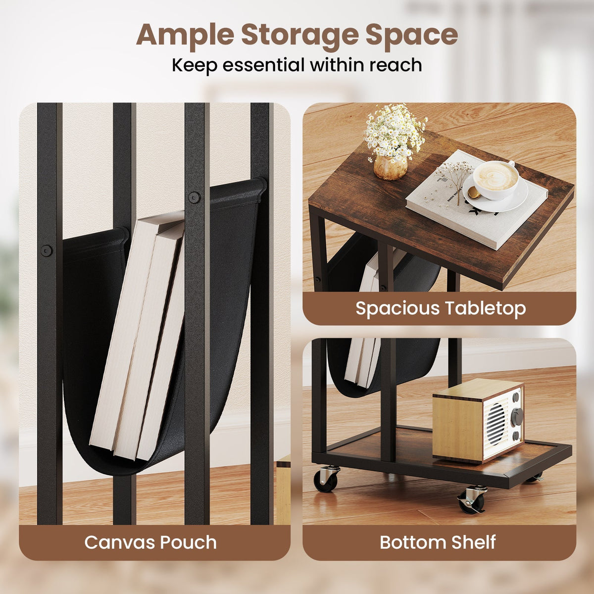 C-shaped Side Table with Canvas Storage Pouch and Metal Frame-Borwn