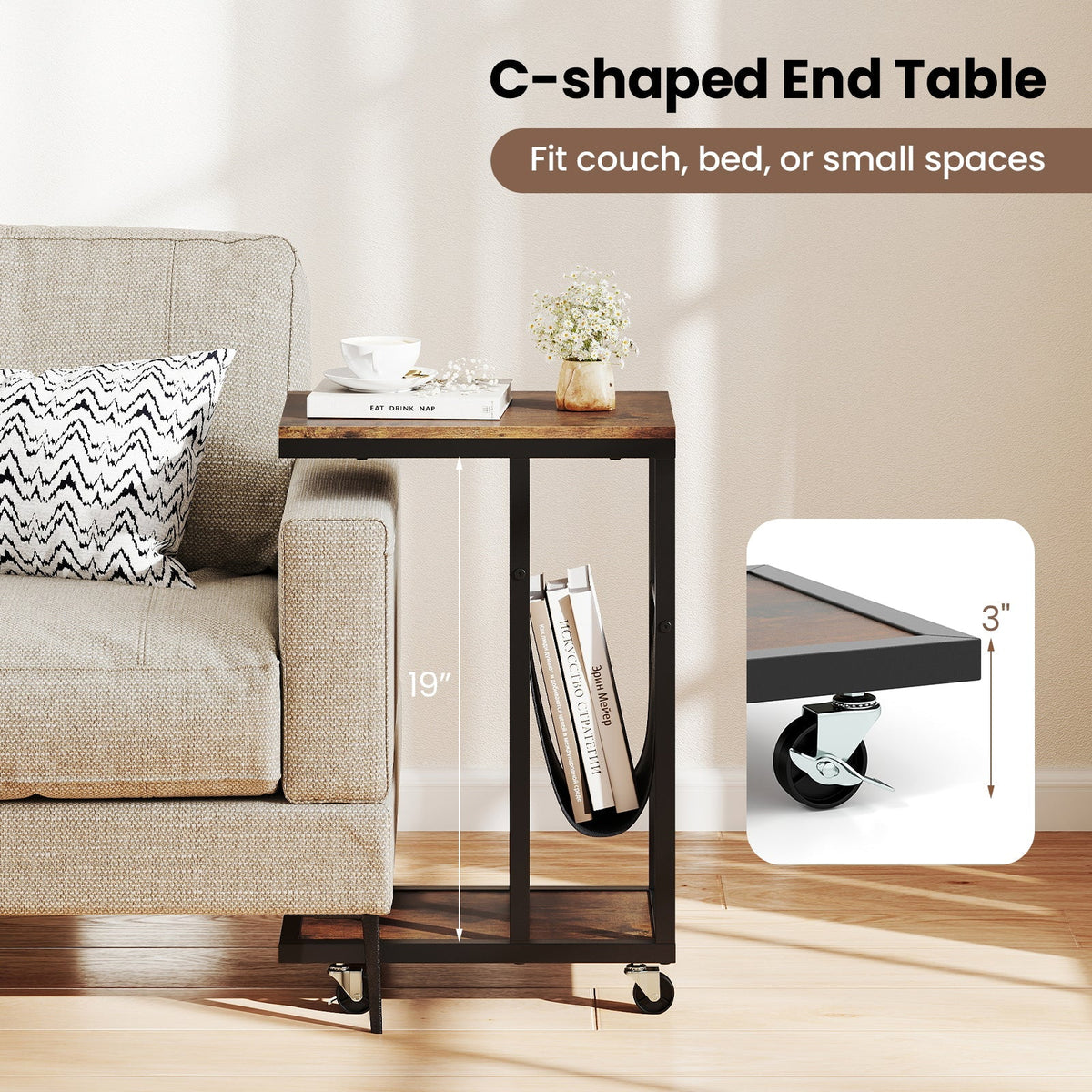 C-shaped Side Table with Canvas Storage Pouch and Metal Frame-Borwn