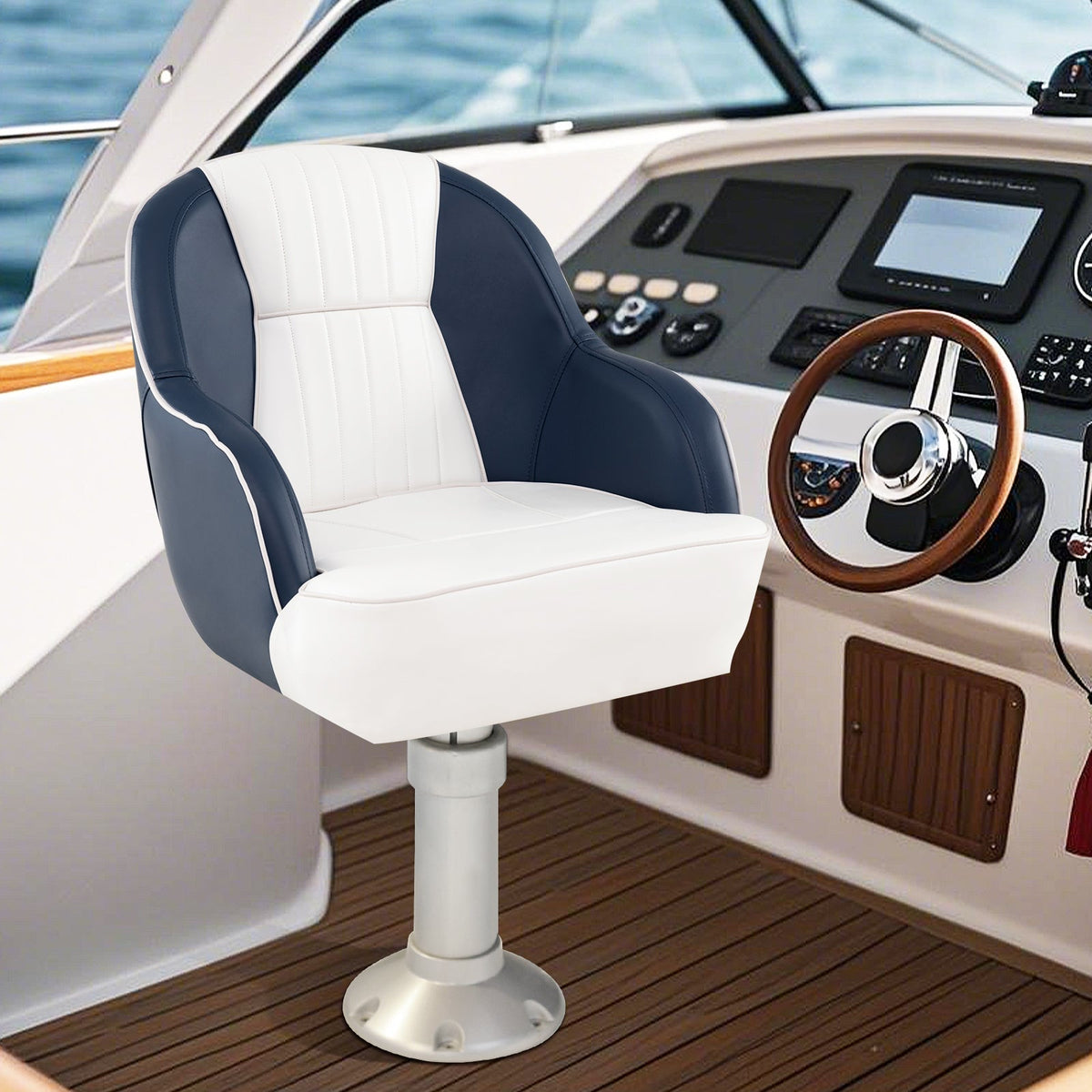 Captain Bucket Seat Pontoon Boat Chair with PVC Leather and Armrests-Blue