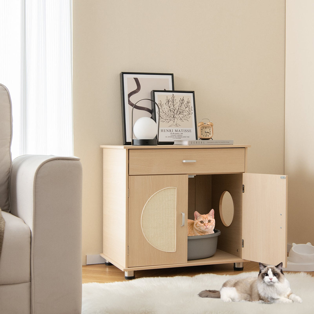 Arenero para gatos con puertas rascadoras de sisal y almacenamiento - Natural