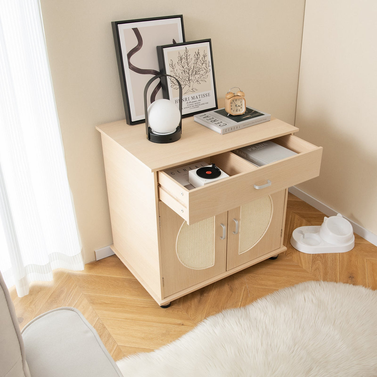 Arenero para gatos con puertas rascadoras de sisal y almacenamiento - Natural