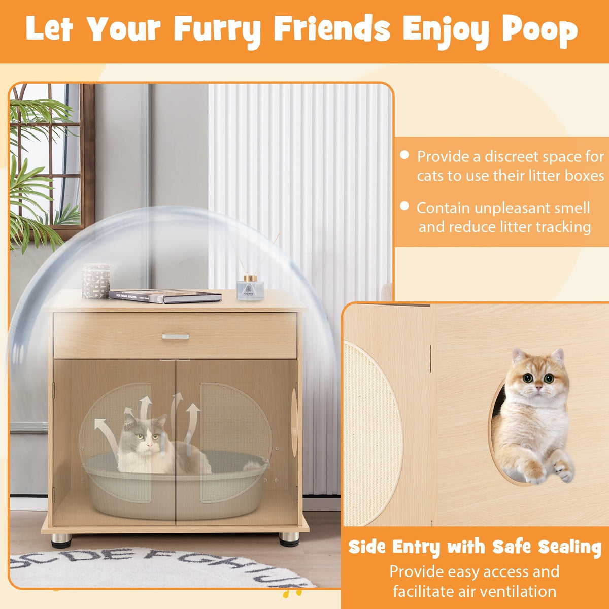 Arenero para gatos con puertas rascadoras de sisal y almacenamiento - Natural