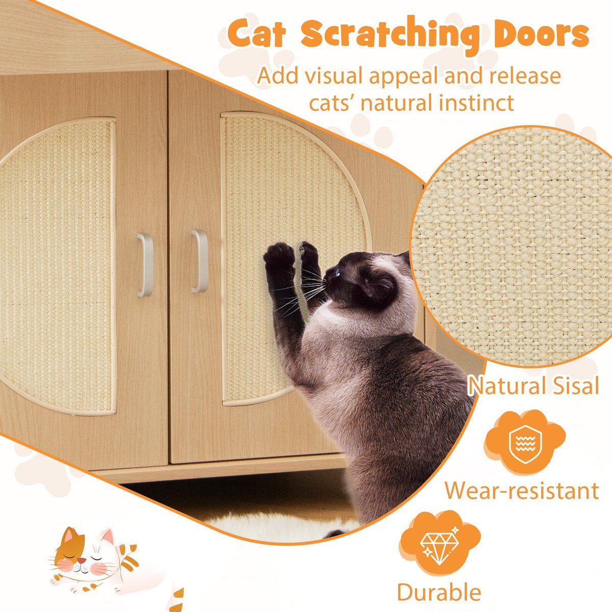 Arenero para gatos con puertas rascadoras de sisal y almacenamiento - Natural