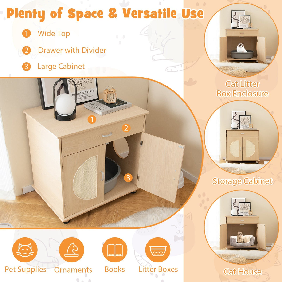Arenero para gatos con puertas rascadoras de sisal y almacenamiento - Natural