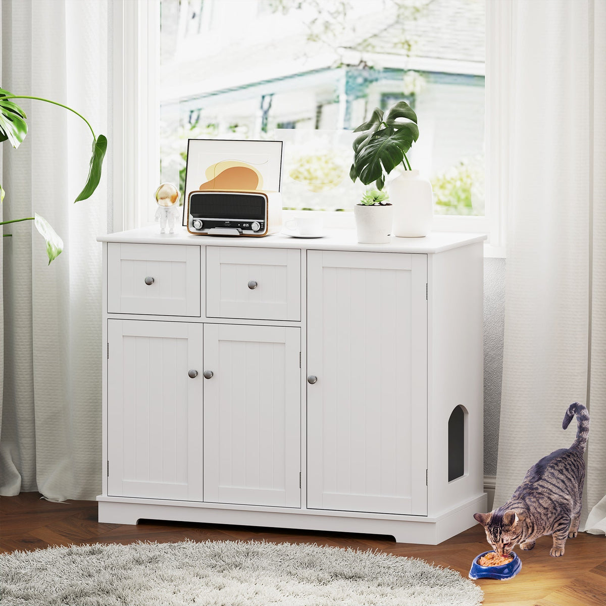 Mueble Arenero para Gatos con 2 Cajones y 3 Puertas para Gatitos y Gatos Adultos - Blanco