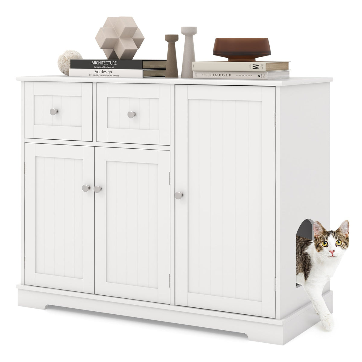 Mueble Arenero para Gatos con 2 Cajones y 3 Puertas para Gatitos y Gatos Adultos - Blanco