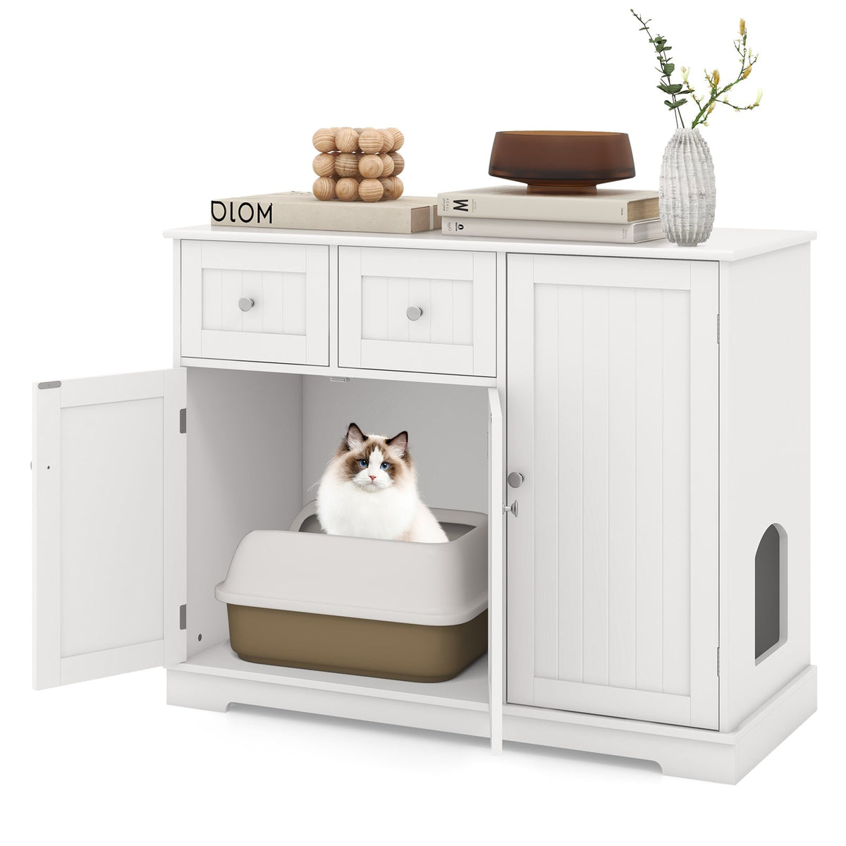 Mueble Arenero para Gatos con 2 Cajones y 3 Puertas para Gatitos y Gatos Adultos - Blanco