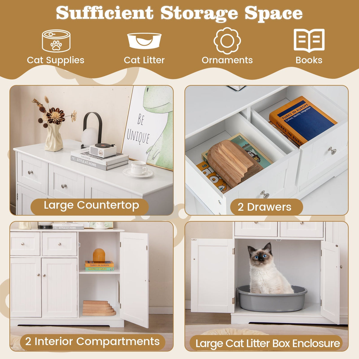 Mueble Arenero para Gatos con 2 Cajones y 3 Puertas para Gatitos y Gatos Adultos - Blanco
