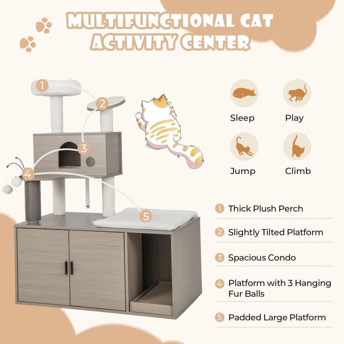 Torre moderna 2 en 1 para gatos con recinto para arenero para gatos de interior-Gris