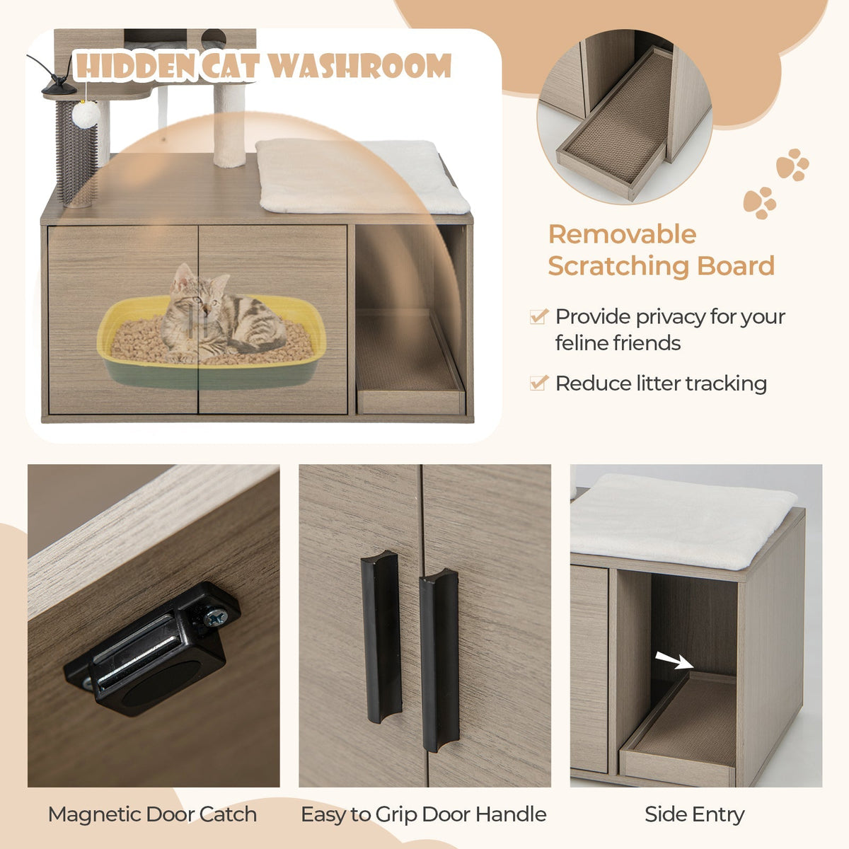 Torre moderna 2 en 1 para gatos con recinto para arenero para gatos de interior-Gris