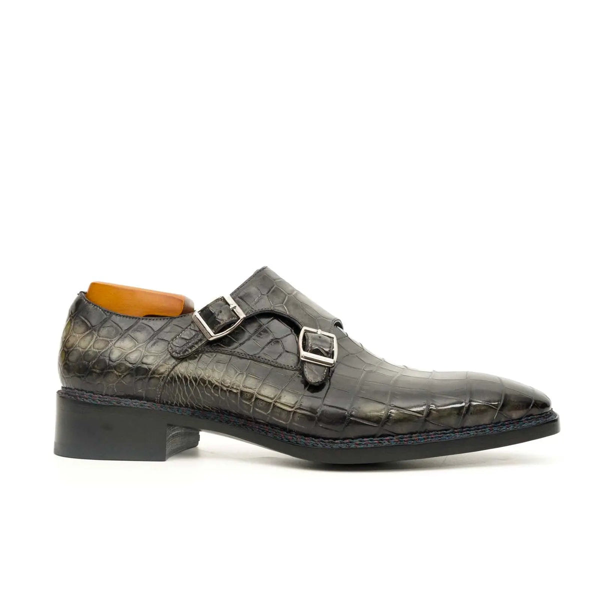 Dark Green Plain-Toe Crocodile Leather Monk Shoes