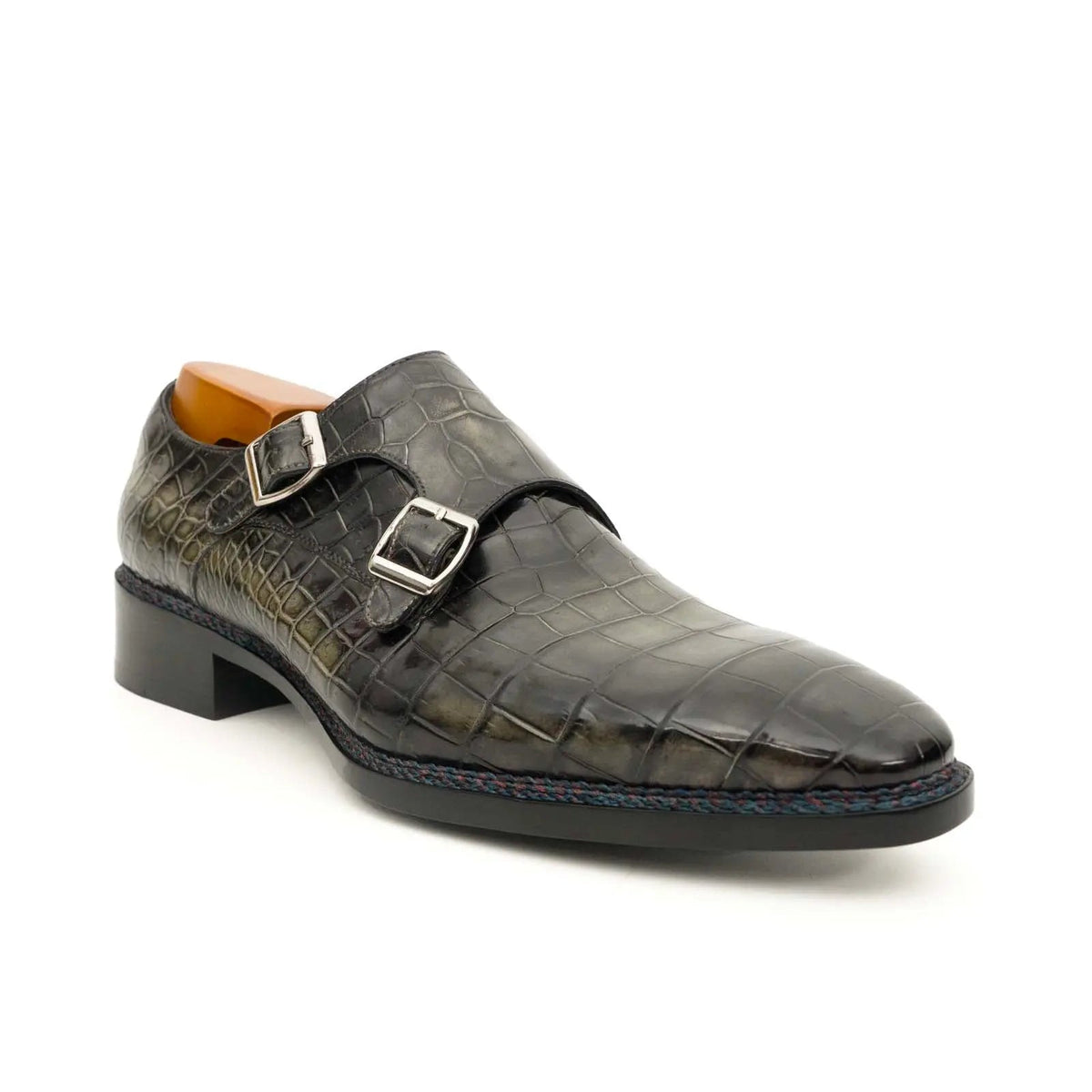 Dark Green Plain-Toe Crocodile Leather Monk Shoes