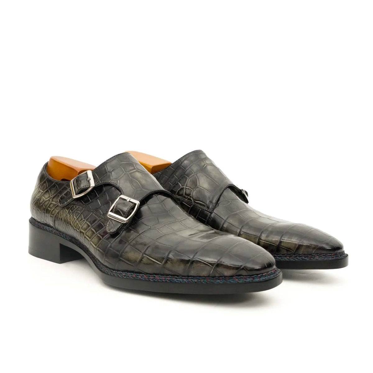 Dark Green Plain-Toe Crocodile Leather Monk Shoes
