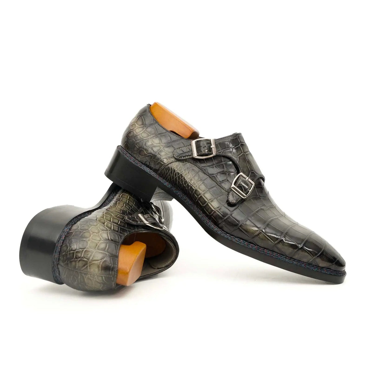 Dark Green Plain-Toe Crocodile Leather Monk Shoes