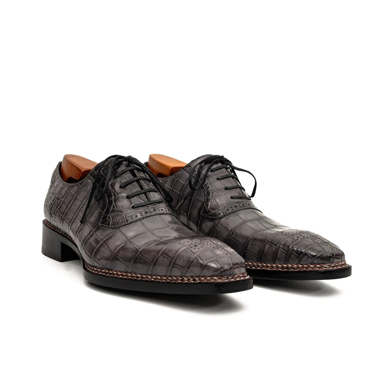 Gray Crocodile Leather Lace-Up Dress Shoes