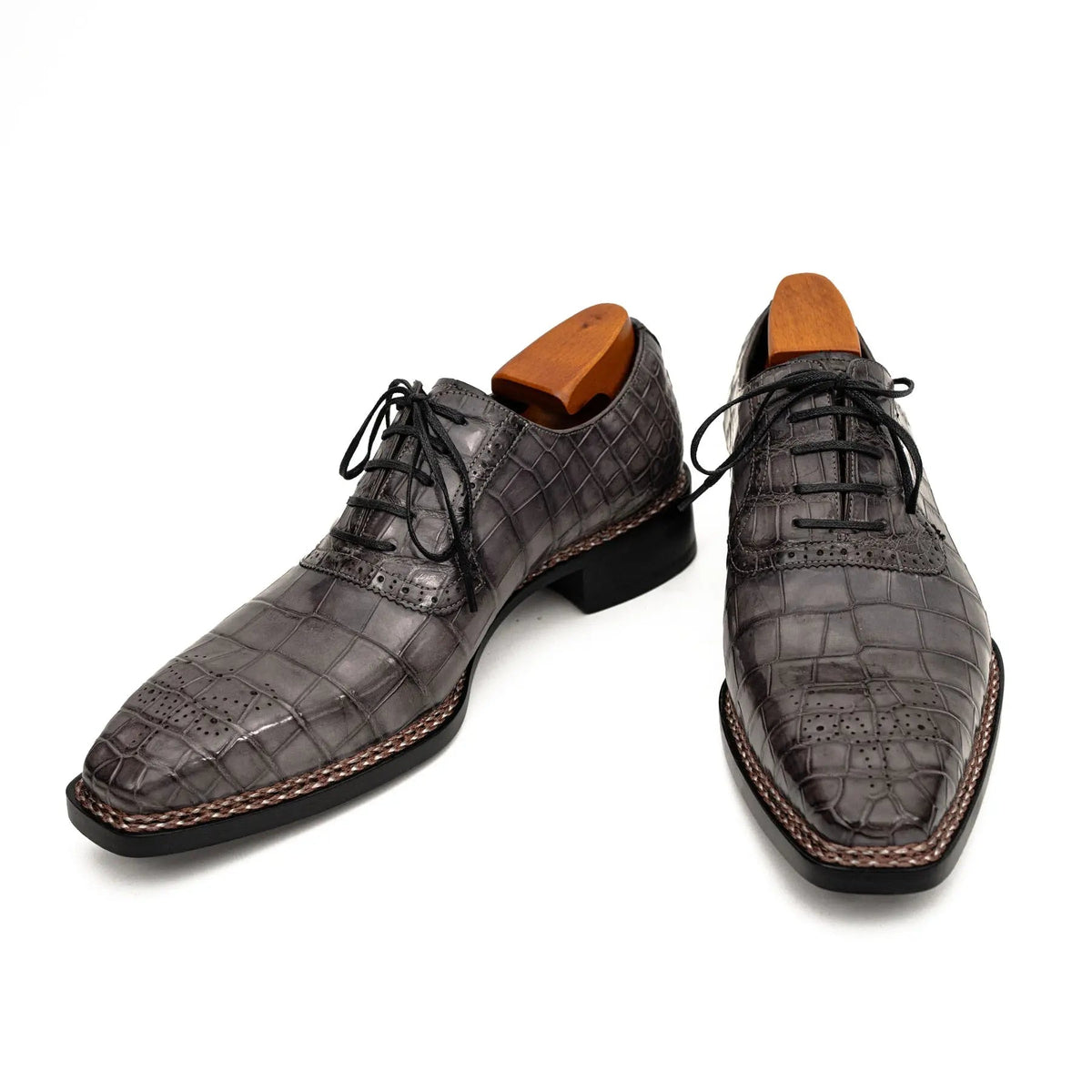 Gray Crocodile Leather Lace-Up Dress Shoes