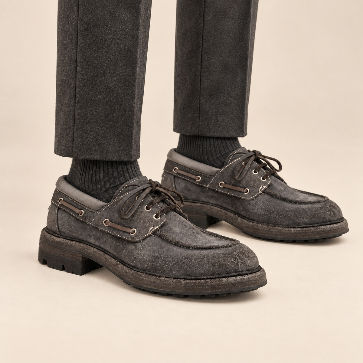 Charcoal Gray Horse Butt Leather Moc-Toe Lace-Up Shoes