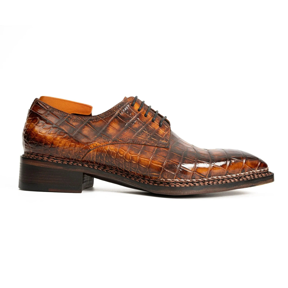 Orange-Brown Apron-Toe Crocodile Leather Derby Shoes