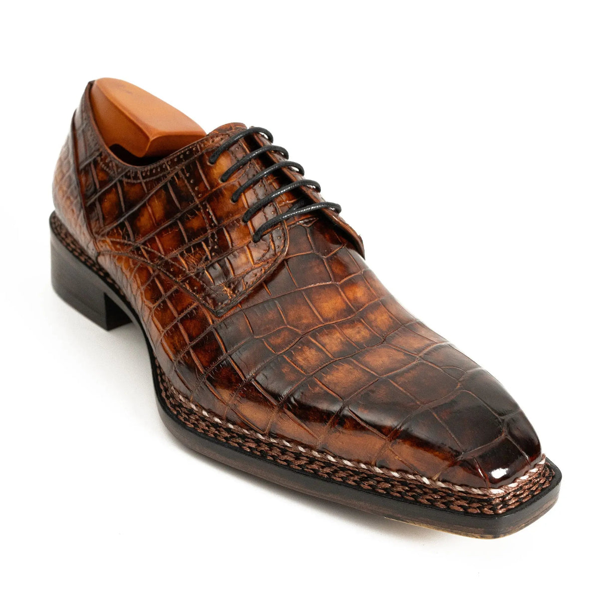 Orange-Brown Apron-Toe Crocodile Leather Derby Shoes
