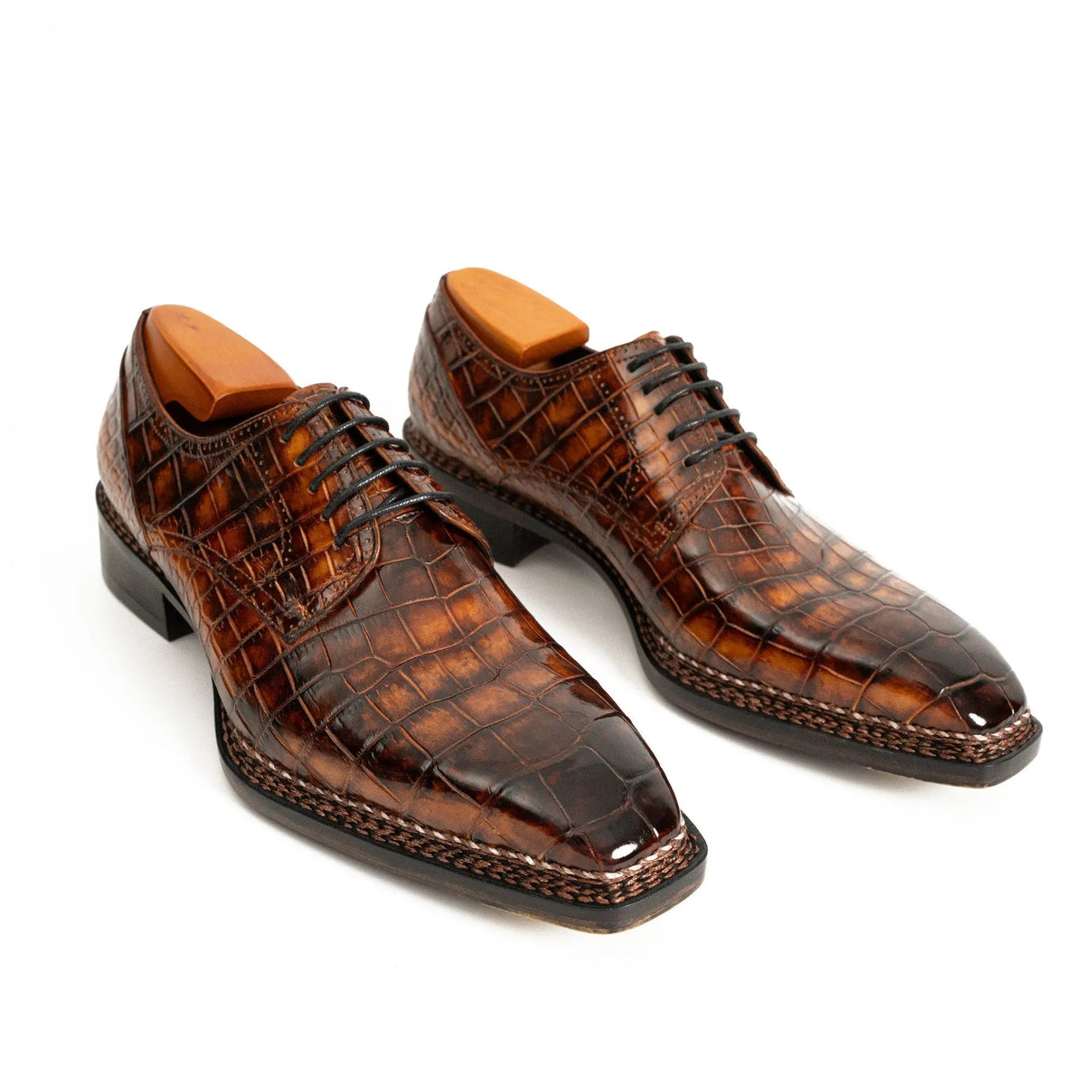 Orange-Brown Apron-Toe Crocodile Leather Derby Shoes