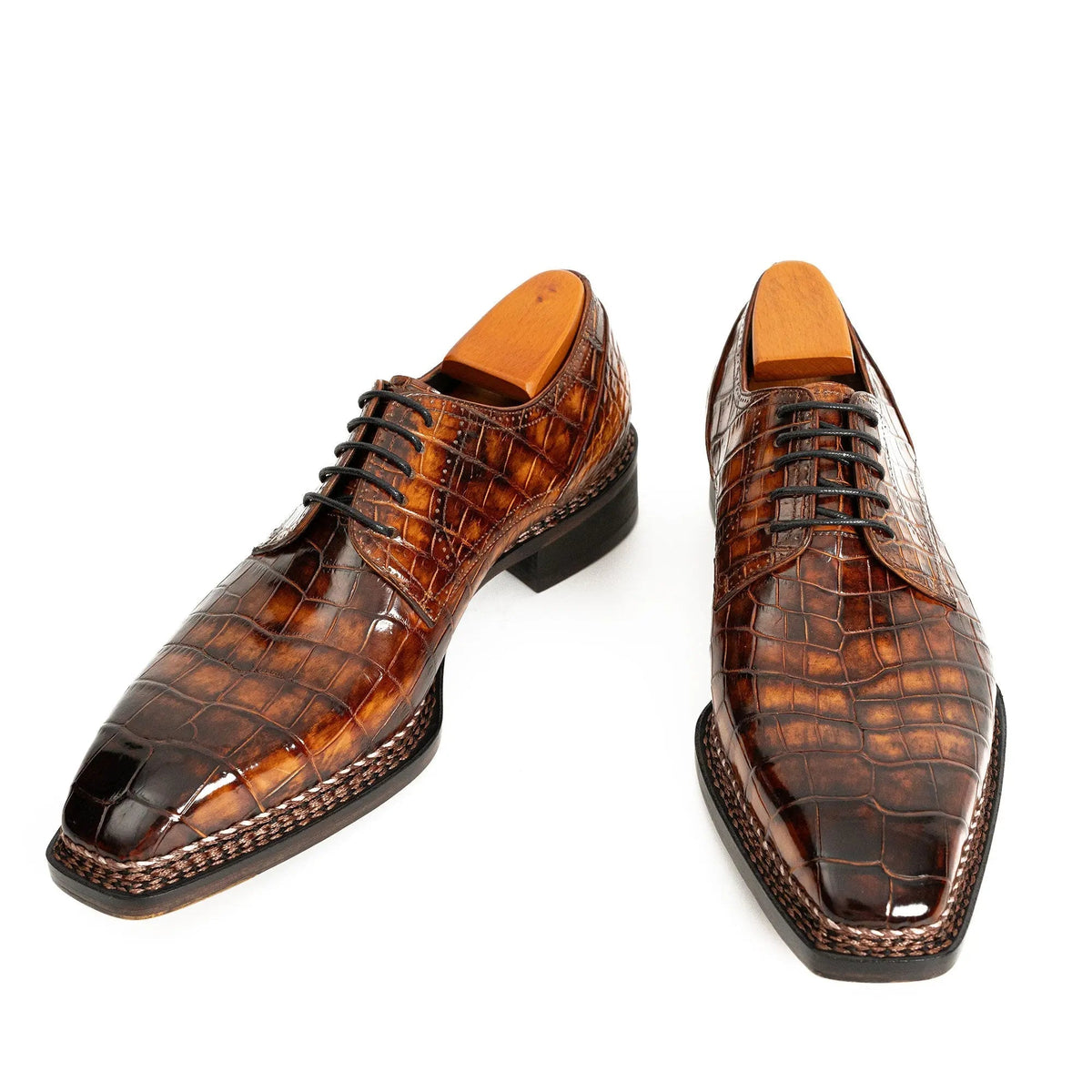 Orange-Brown Apron-Toe Crocodile Leather Derby Shoes
