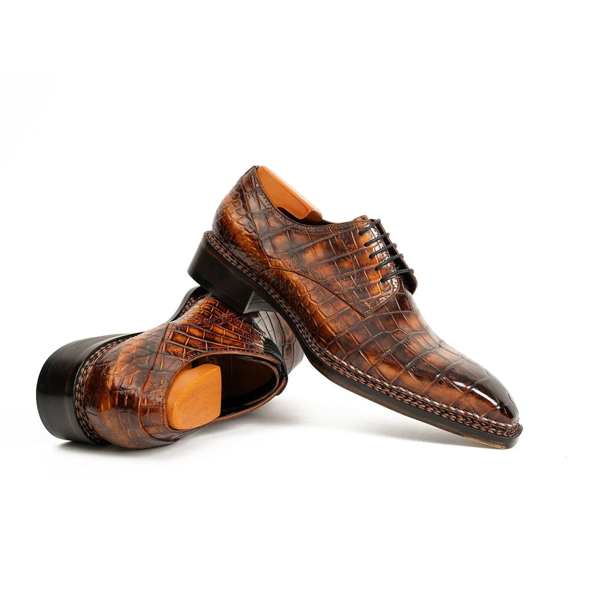 Orange-Brown Apron-Toe Crocodile Leather Derby Shoes