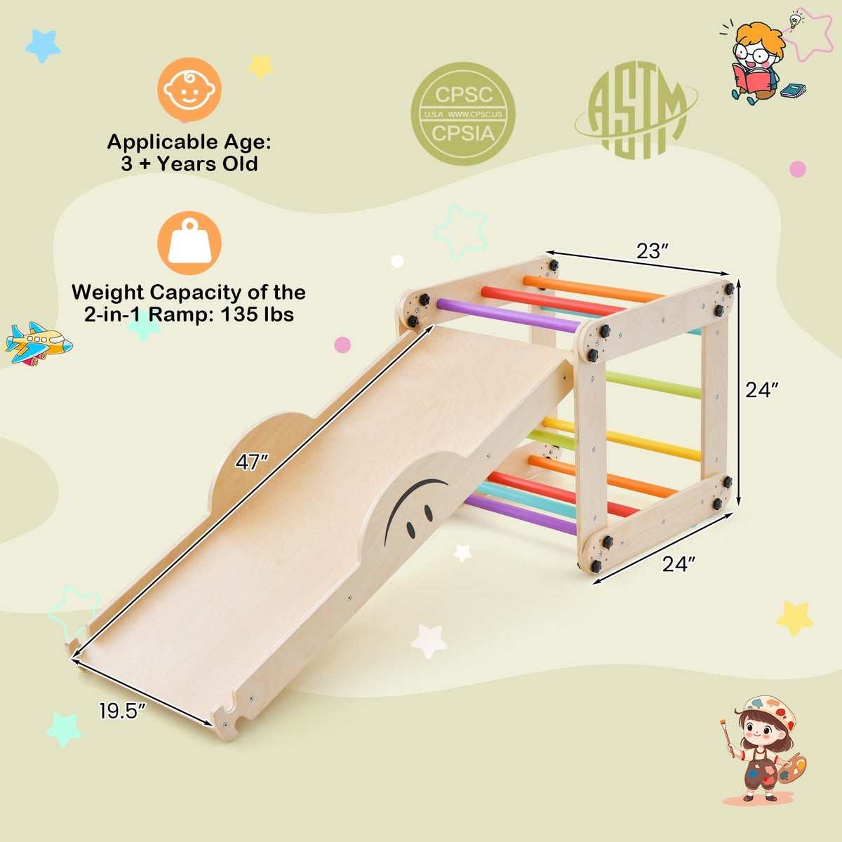 Climbing Triangle Ladder Toy Indoor Jungle Gym with Reversible Ramp-Multicolor