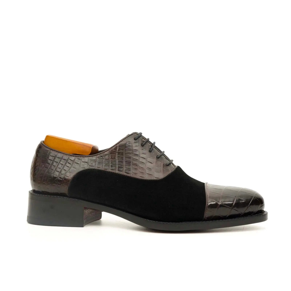 Brown-Black Cap-Toe Crocodile Leather Oxford Shoes