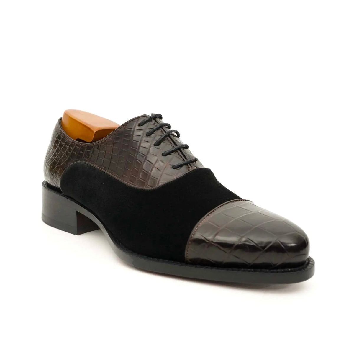 Brown-Black Cap-Toe Crocodile Leather Oxford Shoes