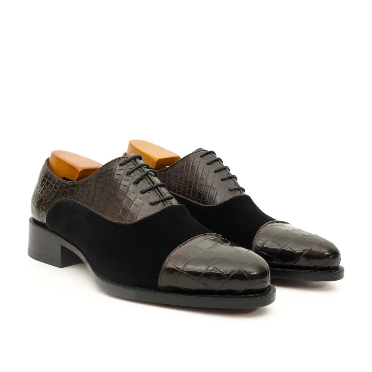 Brown-Black Cap-Toe Crocodile Leather Oxford Shoes