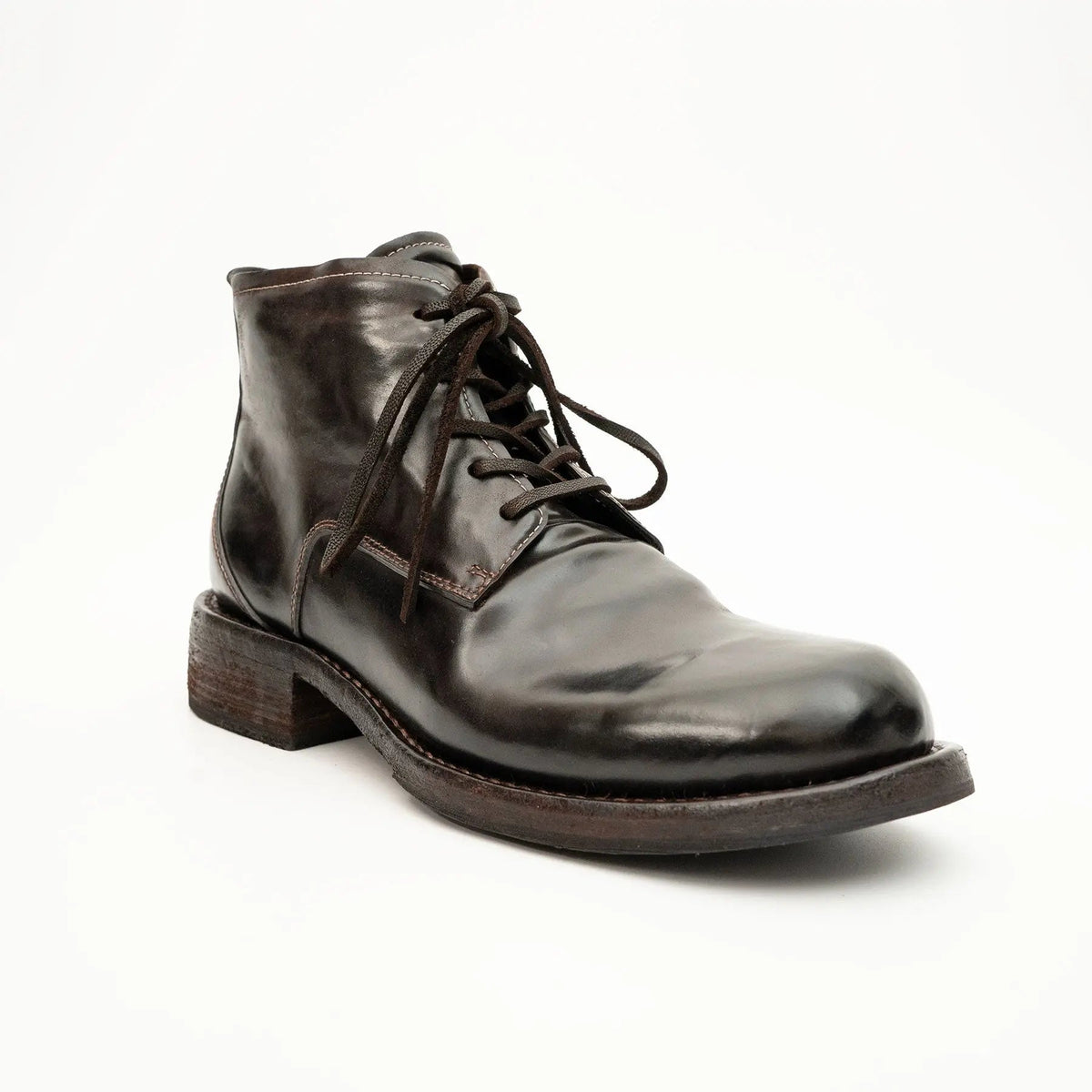 Dark Brown Plain-Toe Horse Butt Leather Ankle Boots