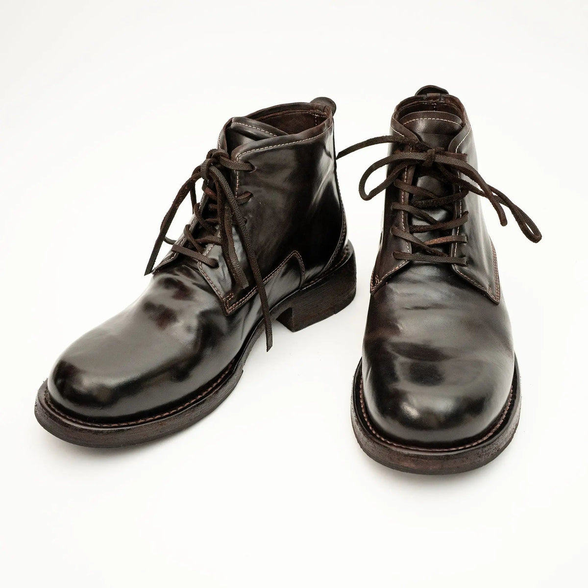 Dark Brown Plain-Toe Horse Butt Leather Ankle Boots