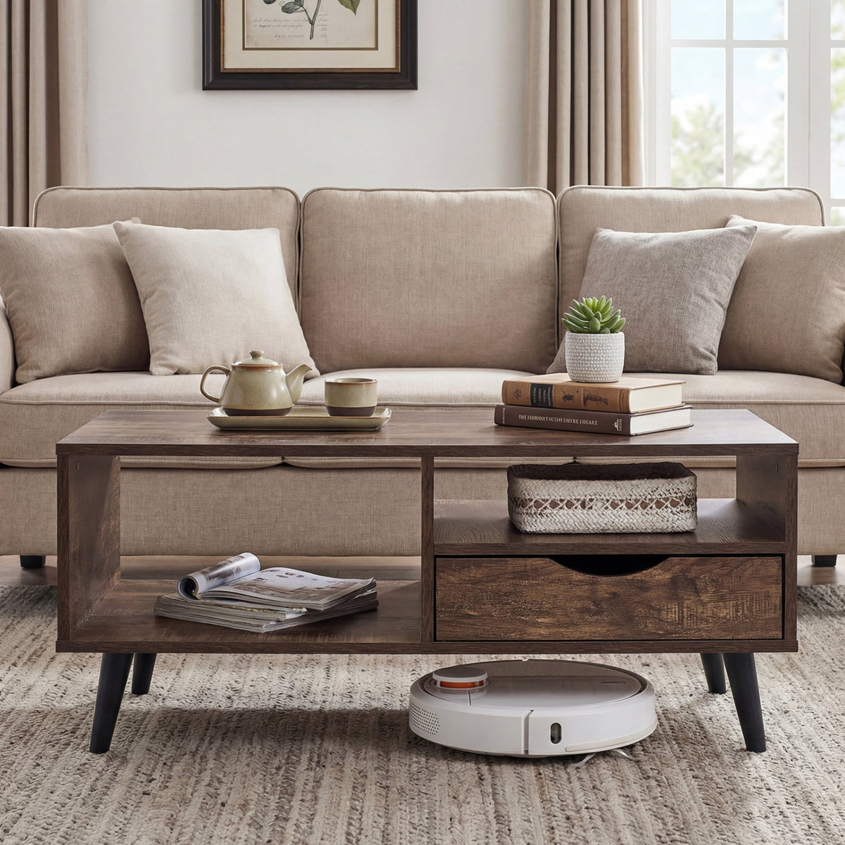 Coffee Table with Storage Rustic Rectangle Center Table