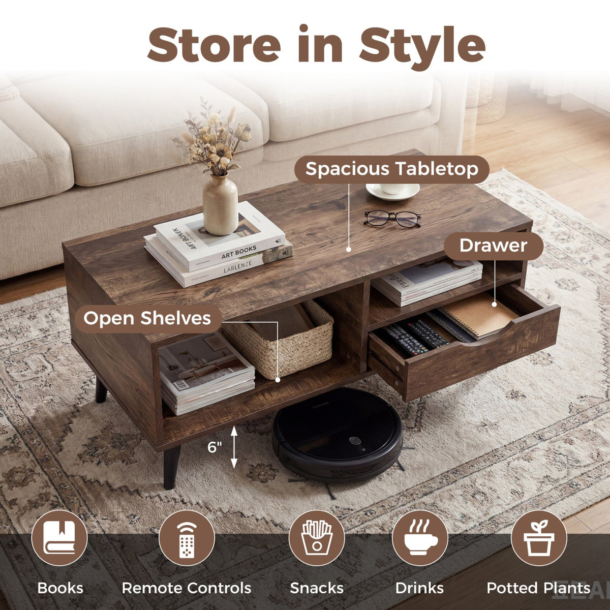 Coffee Table with Storage Rustic Rectangle Center Table