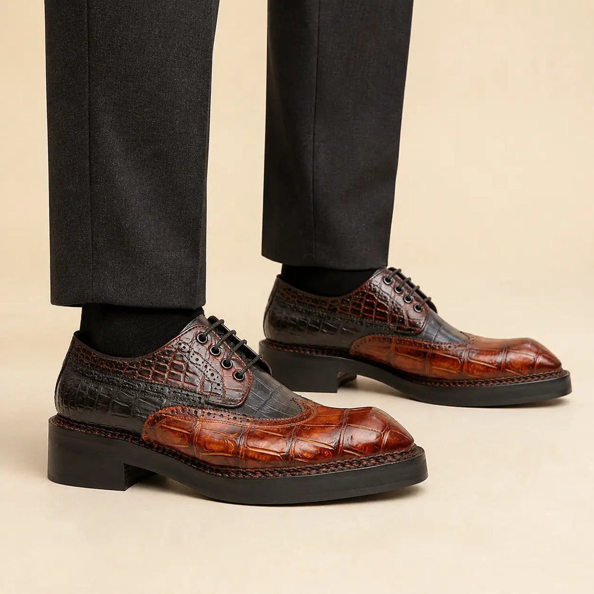 Brown-Black Wingtip Crocodile Leather Derby Shoes