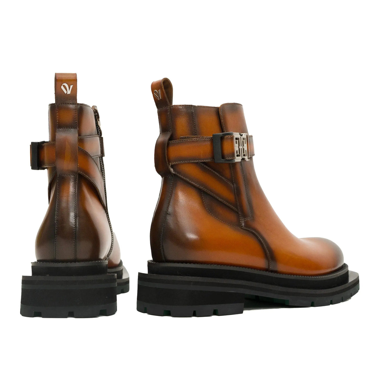 Tan Plain-Toe Cow Leather Buckle Ankle Boots