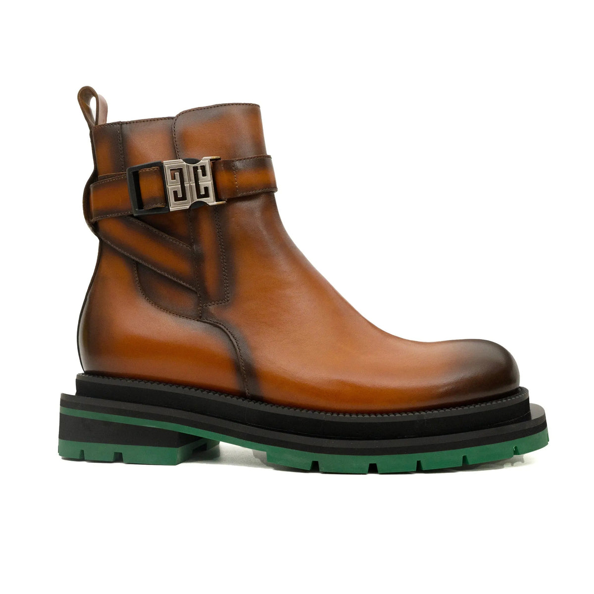 Cognac Cow Leather Buckle Ankle Boots with Green Sole