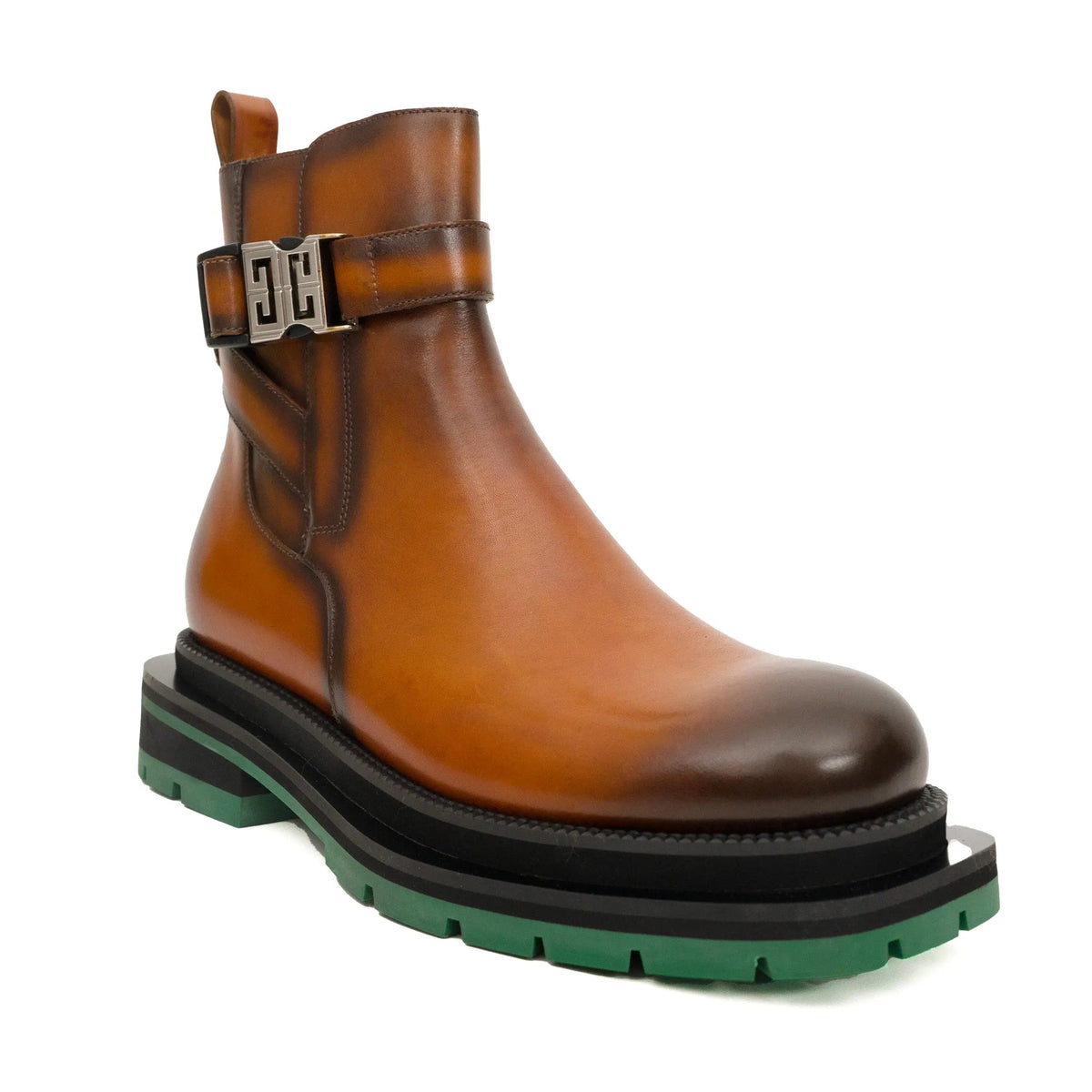Cognac Cow Leather Buckle Ankle Boots with Green Sole