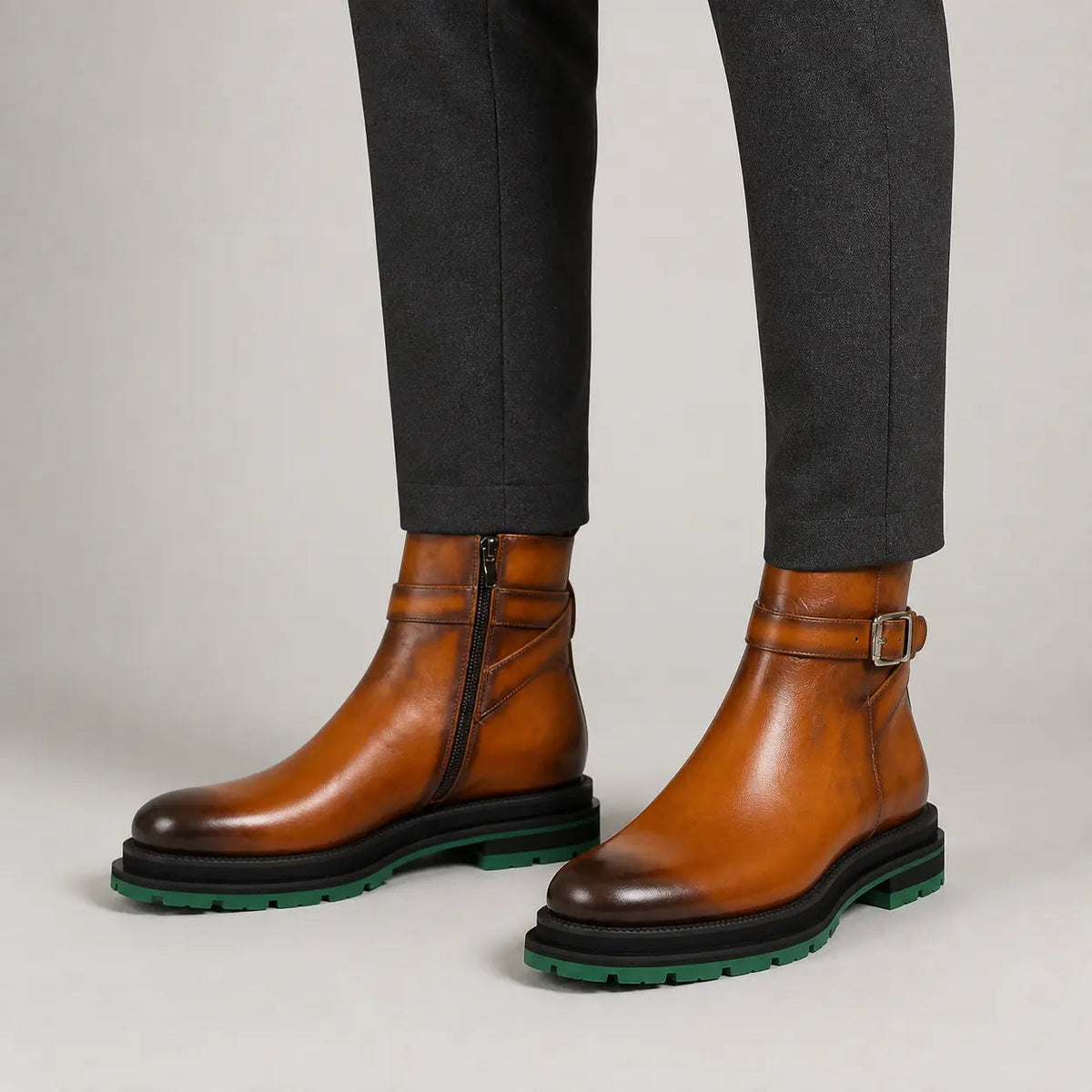 Cognac Cow Leather Buckle Ankle Boots with Green Sole