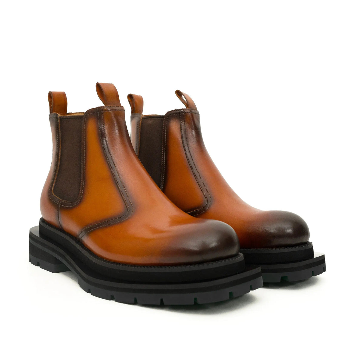 Orange-Brown Plain-Toe Cow Leather Ankle Boots