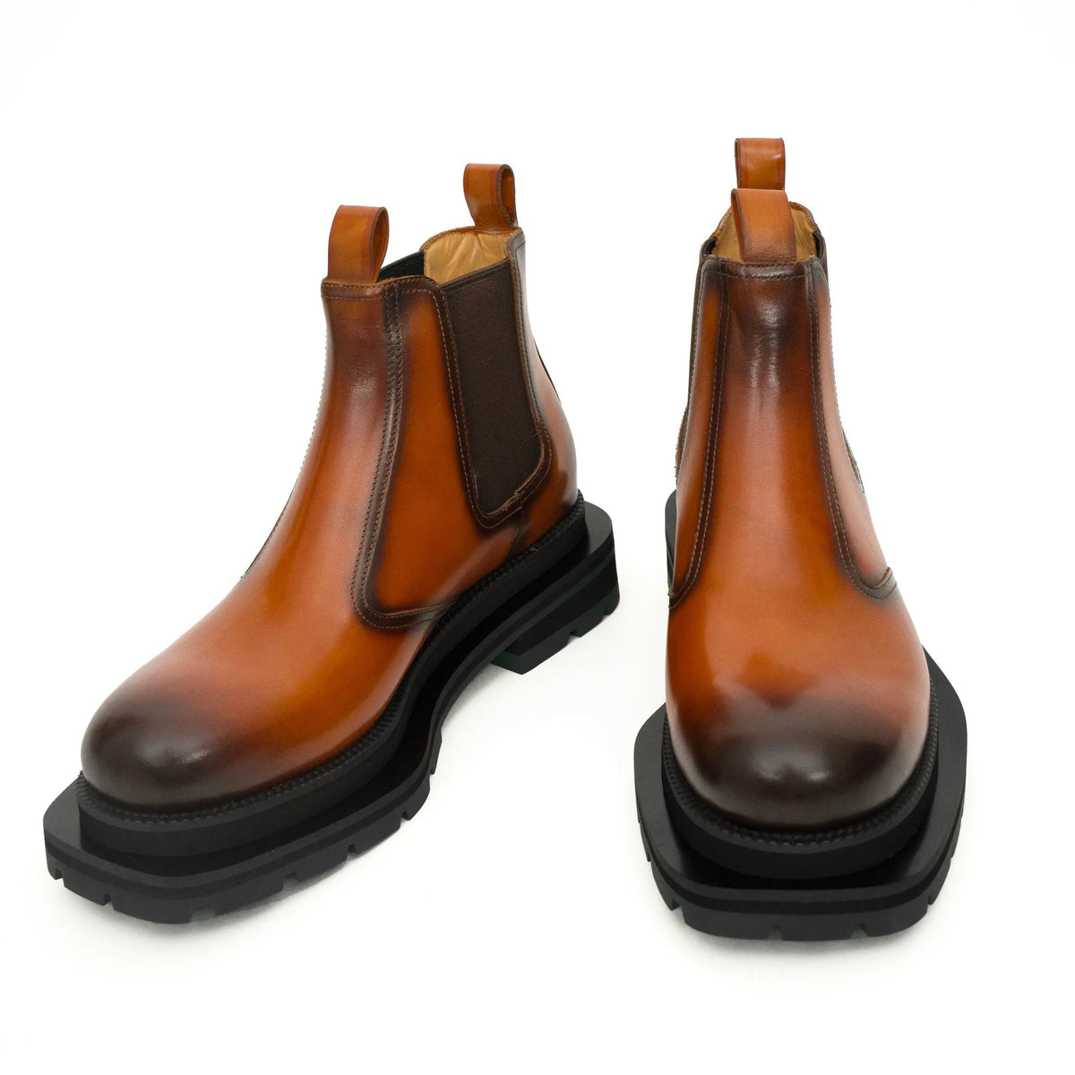 Orange-Brown Plain-Toe Cow Leather Ankle Boots
