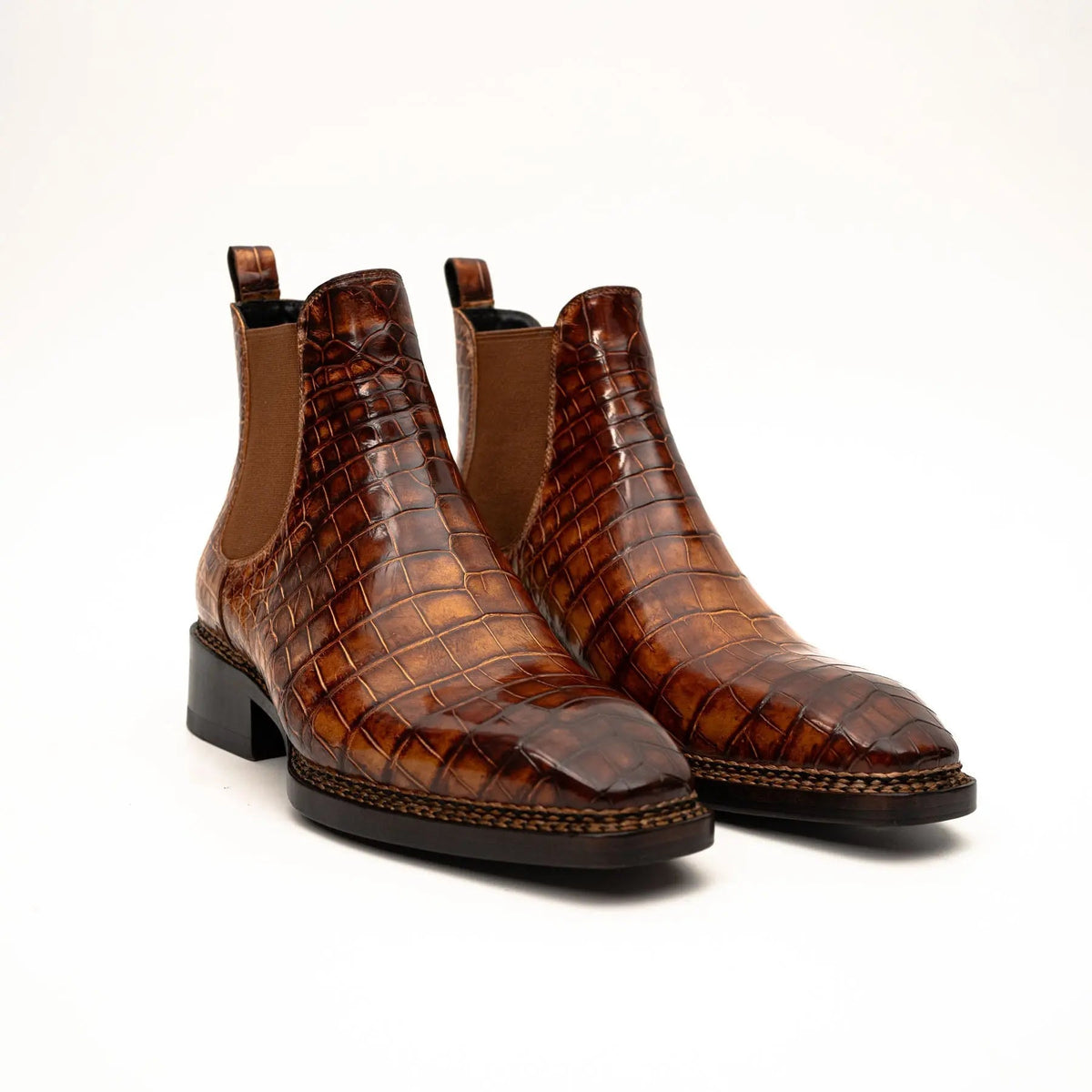 Orange Plain-Toe Crocodile Leather Ankle Boots
