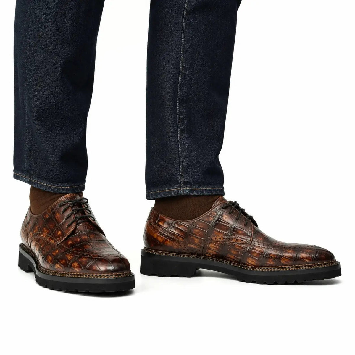 Brown Apron-Toe Crocodile Leather Derby Shoes