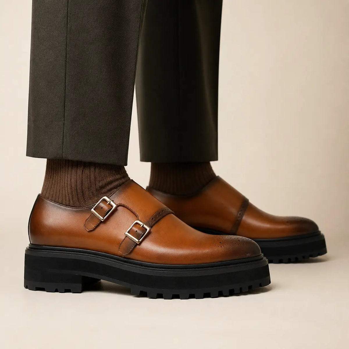 Brown Calf Leather Monk Shoes