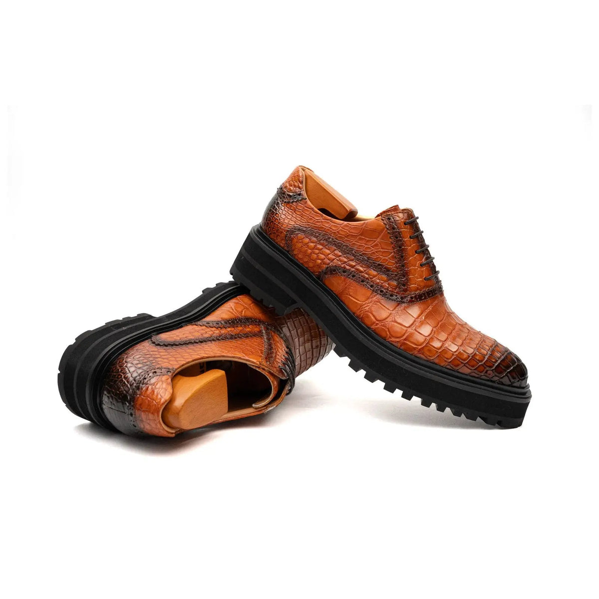 Orange-Brown Wingtip Crocodile Leather Oxford Shoes