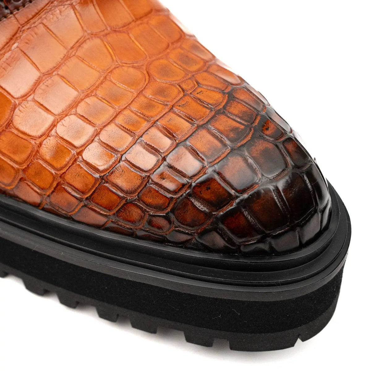Orange-Brown Wingtip Crocodile Leather Oxford Shoes